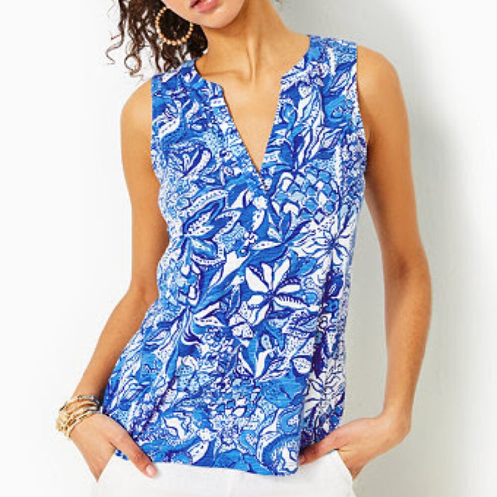 NWT Lilly Pulitzer Dev Sleeveless Top in  Blue Tang Flocking Fabulous, Large